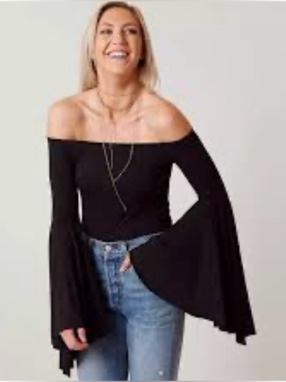 We The Free Birds of Paradise Off-Shoulder Black Bell-Sleeve Sweater XS